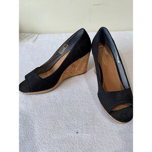 Women's TOMS Black Canvas Cork platform Wedge open toe Heels Size 8.5